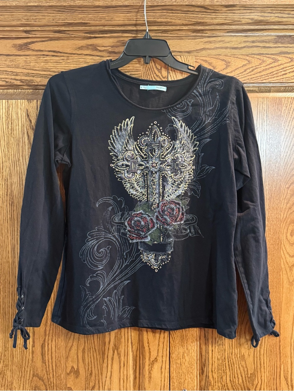 Maurices Black Long-Sleeve Graphic Tee with Winged Cross & Rose Motif